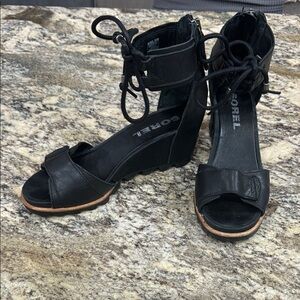Sorel Black Joanie Leather Ankle Tie Wedge Sandals